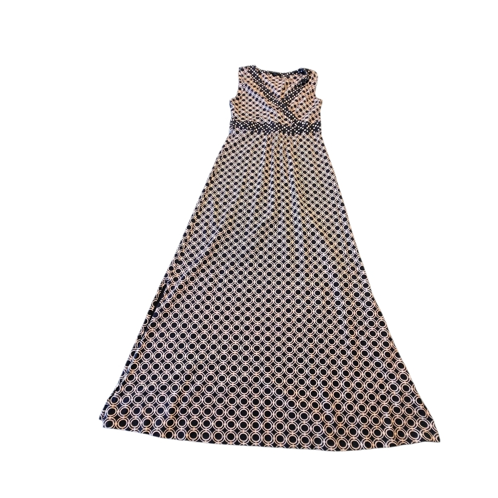 Lands' End Womens Navy Blue Pattern Tank Sleeve Vneck Maxi Dress Size M 10-12 D6